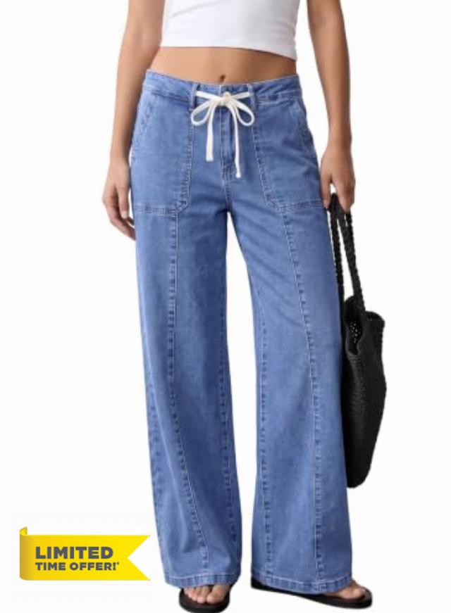 Sidefeel Women's Wide Leg Jeans High Waisted Drawstring Denim Sweatpants                                                          Patch Slant Pocket