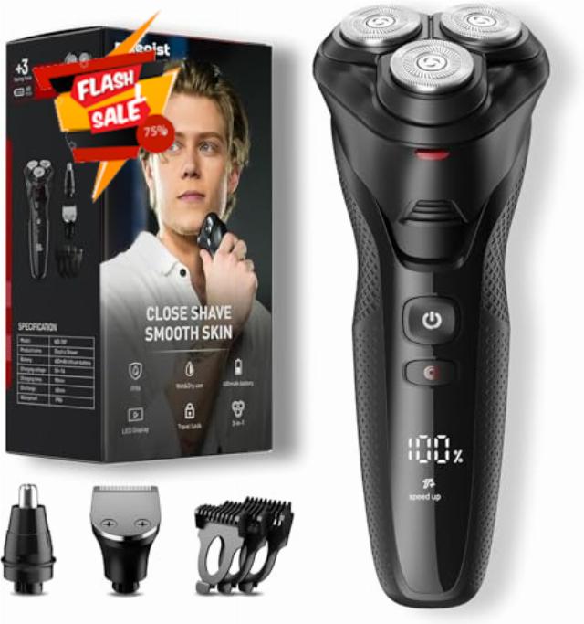 Electric Razor for Men: IPX7 Travel Grooming Kit                                                          2-Speed Motor & LED Display - Shavers for Men with 5D Floating Blades & Precision Blade for Beard / Nose Hair / Sideburns