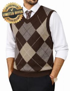 PJ PAUL JONES Mens Argyle Sweater Vest V-Neck Vintage Knit Vest                                                          Contrast Plaid Pattern