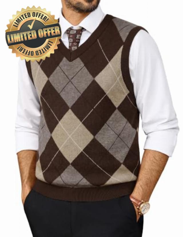PJ PAUL JONES Mens Argyle Sweater Vest V-Neck Vintage Knit Vest                                                          Contrast Plaid Pattern