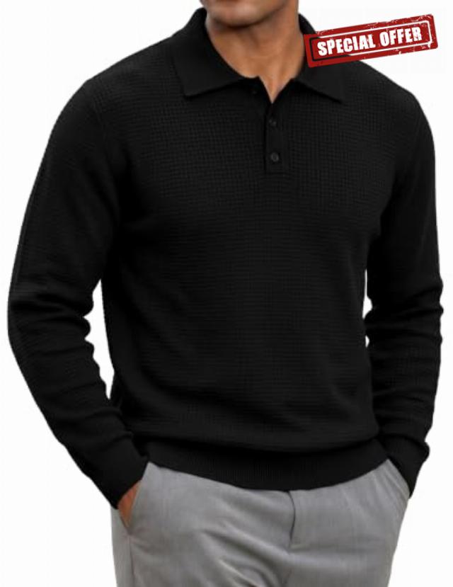 JMIERR Mens Waffle Knit Sweaters Dress Polo Pullover                                                          Quarter Button