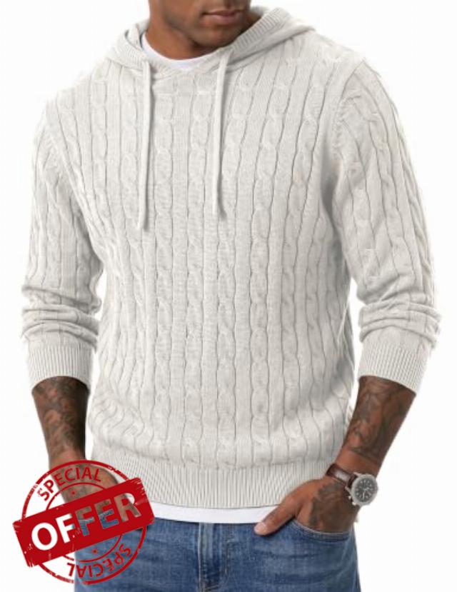 JMIERR Mens Hooded Collar Cable Knit Pullover Sweaters                                                          Drawstring