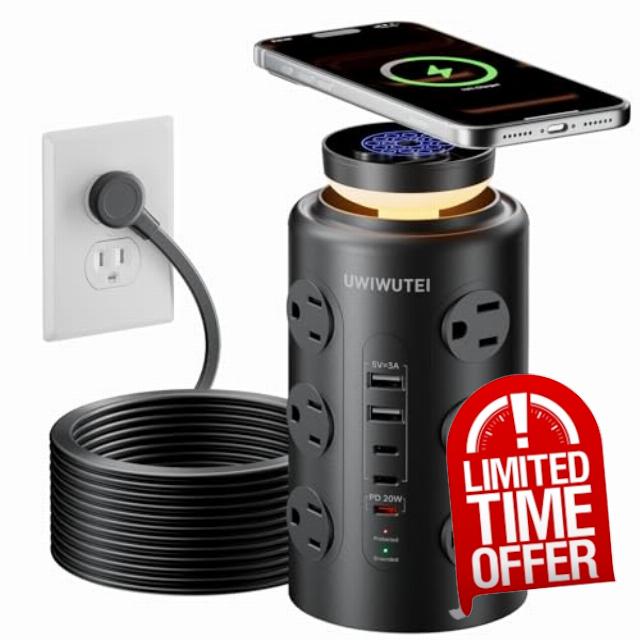 Tower Power Strip with Wireless Charging & Night Light - PD20W Fast Charging Station