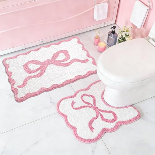 2-Piece Bow Bath Mat and U-Shaped Toilet Rug | Coordinated Tub-and-Toilet Styling; Scalloped Edges; Plush Microfiber; 16 X 24 In + 24 X 20 In; TPR Backing; Washable