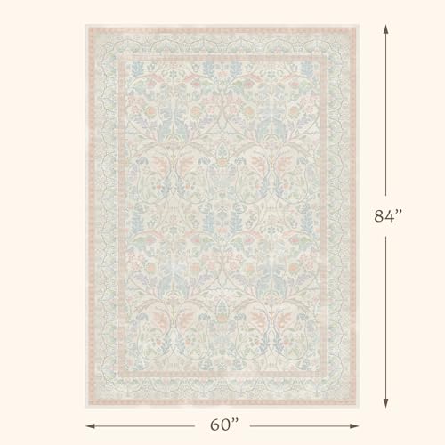 Light Blue and Green Oushak Floral Bedroom Living Room Dorm Carpet (Green and Pink)