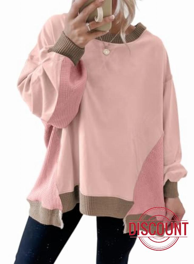 SHEWIN Womens Sweatshirt Crew Neck Waffle Knit Tops Color Block Oversized Long Sleeve Shirts Fall Outfits for Women 2026
