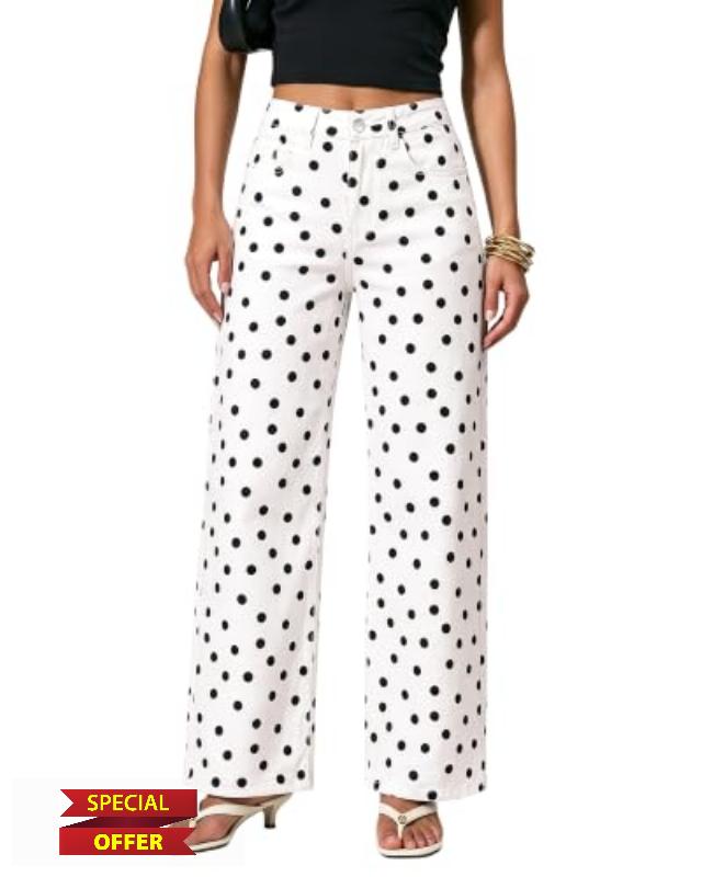 GRAPENT Wide Leg Jeans for Women High Waisted Polka Dot Stretch Denim Pants                                                          Polka Dot