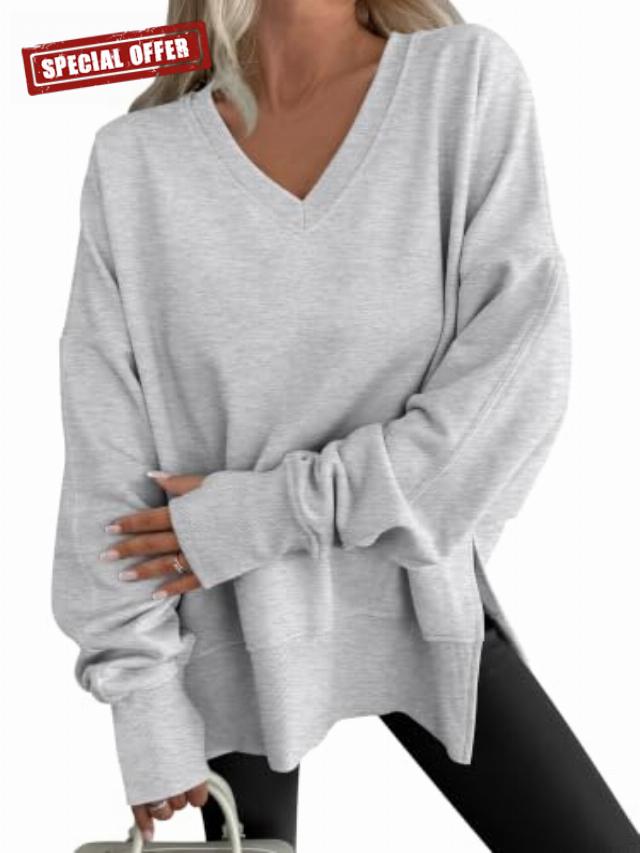 ANRABESS Sweatshirt for Women Fall Oversized Fleece Pullover                                                          V Neck Thumbhole Long Sleeve Side Slit