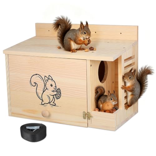 Wooden Outdoor Shelter 15.7in Wooden Squirrel Nesting Box with Feeding Station