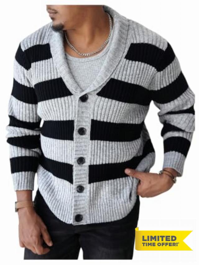 SOLY HUX Men's Striped Cardigan Sweater Button Down Collared V Neck Long Sleeve Knit Outerwear Preppy Fall Clothes