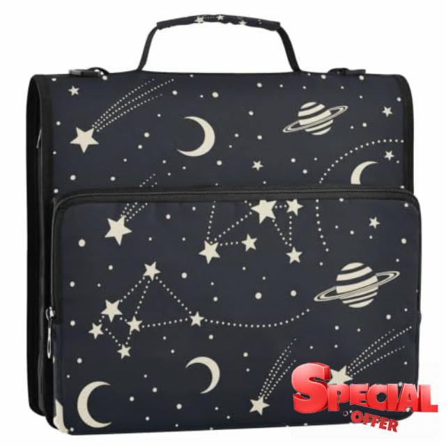 Stars Moon 3 Ring Zipper Binder Bag with Shoulder Strap for School                                                          2 Inch 3 Ring