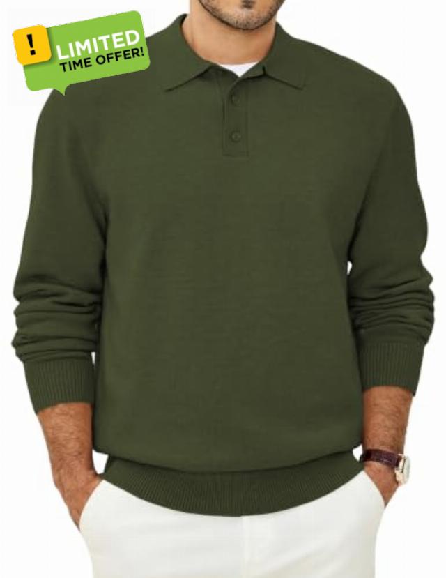 JMIERR Mens Long Sleeve Polo Button Knit Sweater Winter                                                          Long-sleeve polo sweater with button placket