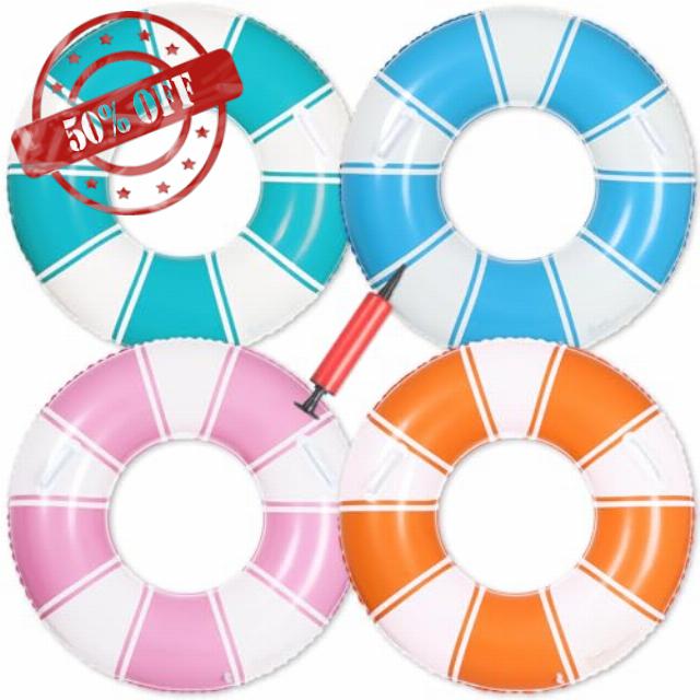 Inflatable Pool Floats with Handles 31.5 Inches 4 Colors Classic Striped Swim Rings Tubes Stripes Swimming Pool Floaties with Pump for Summer Beach Lake River Bachelorette Party Decorations