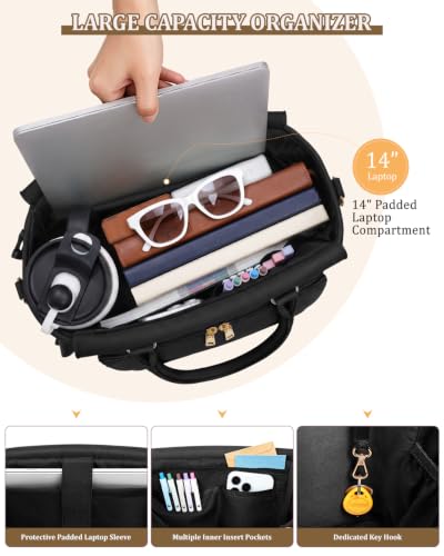 Black Matching Bible Cover Included Multi-Pocket Organization Detachable Shoulder Strap Fits Most 14-Inch Slim Laptops