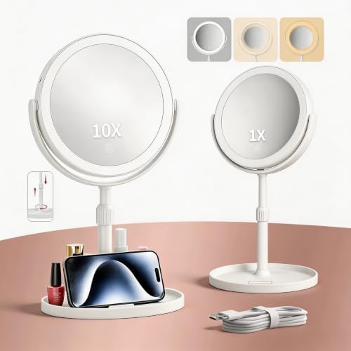 1X/10X Double Sided Magnifying Vanity Mirror 2000mAh Rechargeable Lighted Mirror with 3Color Lighting