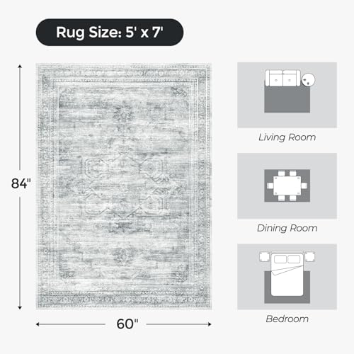 Grey White | Stays Put During Vacuuming; Spill & Stain Resistant; Machine Washable; Non-slip; Soft Vintage Carpet for Bedroom Dining Room