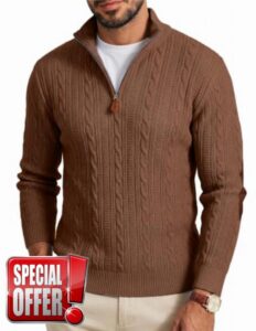 JMIERR Mens Quarter Zip Cable Knit Pullover Sweater Elbow Patches                                                          Mock-neck pullover with quarter zip