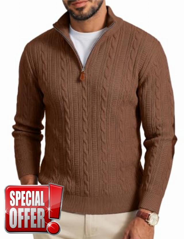 JMIERR Mens Quarter Zip Cable Knit Pullover Sweater Elbow Patches                                                          Mock-neck pullover with quarter zip