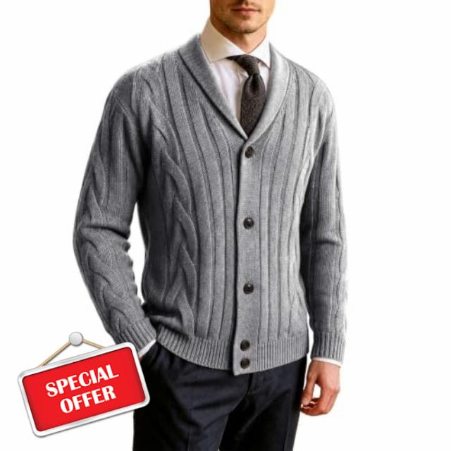 Mens Shawl Collar Cardigan Sweater Cable Knit Button Up Outerwear                                                          Warm Chunky Cable Knit
