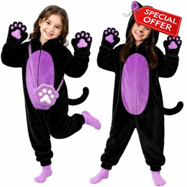 Black Cat Costume for Girls - Halloween Costume for Kids Role Play with Bag                                                          Halloween Dress Up Animal Onesie Costume for Kids Age 3-10 Cosplay Party