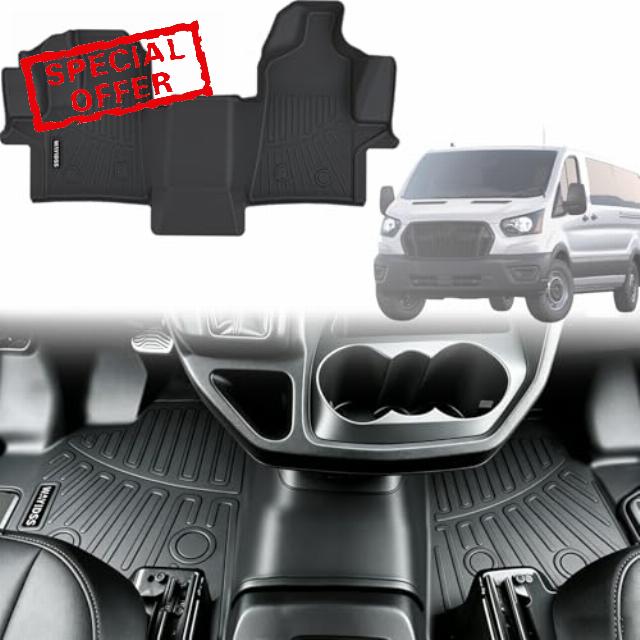 All Weather Floor Mats for 2022-2026 Ford Transit/E-Transit w/Vinyl Floor 150/250/350/350HD (Not Fit Transit Connect) TPE Rubber Liners Transit Odorless Anti-Slip Waterproof Car Front Row Mats