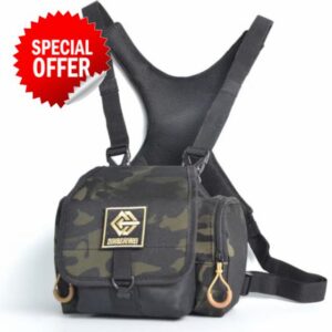 Binocular Chest Pack Camo Hunting Harness with Rangefinder Pouch                                                          Water-resistant camo binocular pack with breathable X-back straps