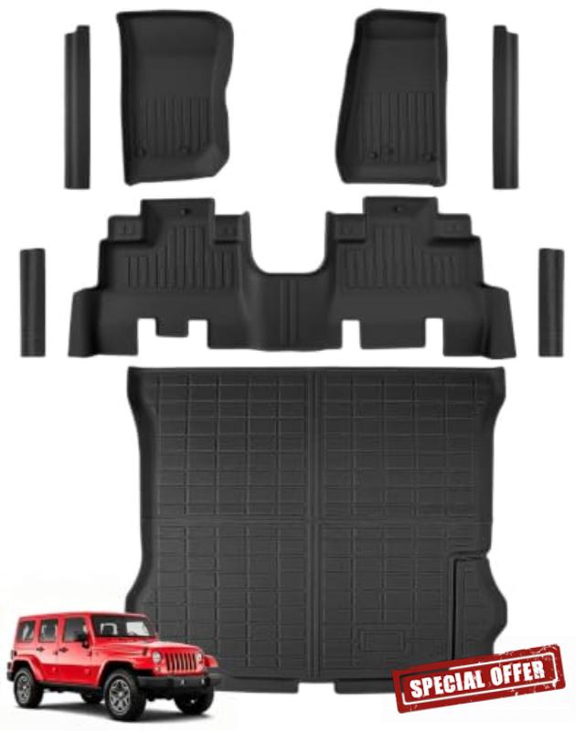 Floor Mats Cargo Liner Trunk Mat for Jeep Wrangler JK 2007-2018 | Door Sill Protector | 4-Door | Not JL or 2-Door | All Weather | Heavy Duty | TPE | Waterproof | Anti-Slip | Car Accessories