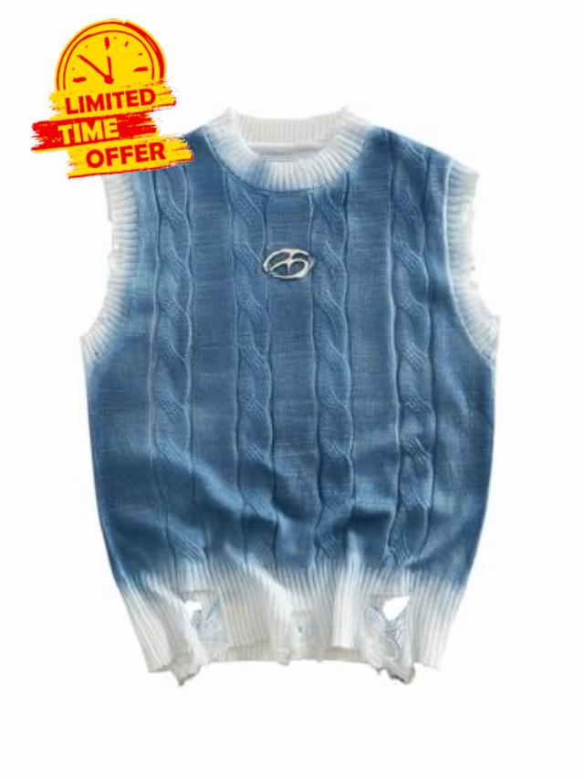 OYOANGLE Men's Tie Dye Cable Knit Sweater Vest Y2K Ripped Raw Hem Sleeveless Distressed Pullover Tank Tops
