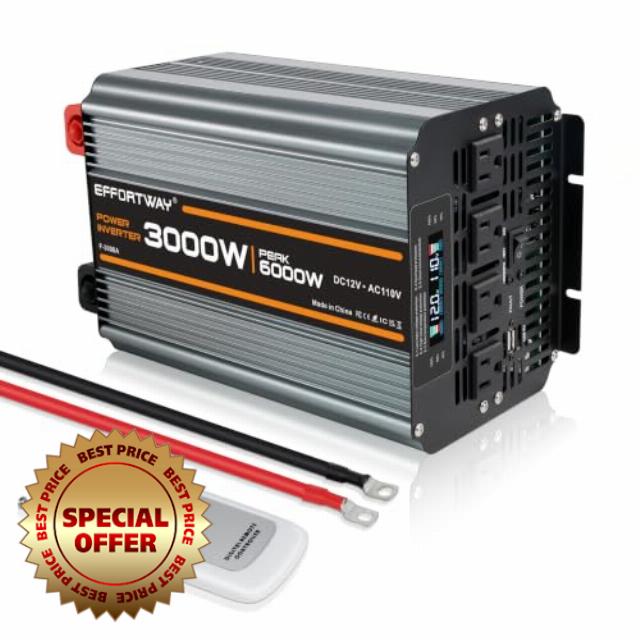 3000w Power Inverter DC 12V to AC 110V/120V Converter with 6000w Peak.Comes with LCD Display