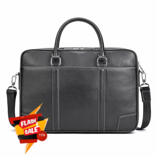 Mens Genuine Leather Briefcase Laptop Bag Fits 15.6 Inch Laptop