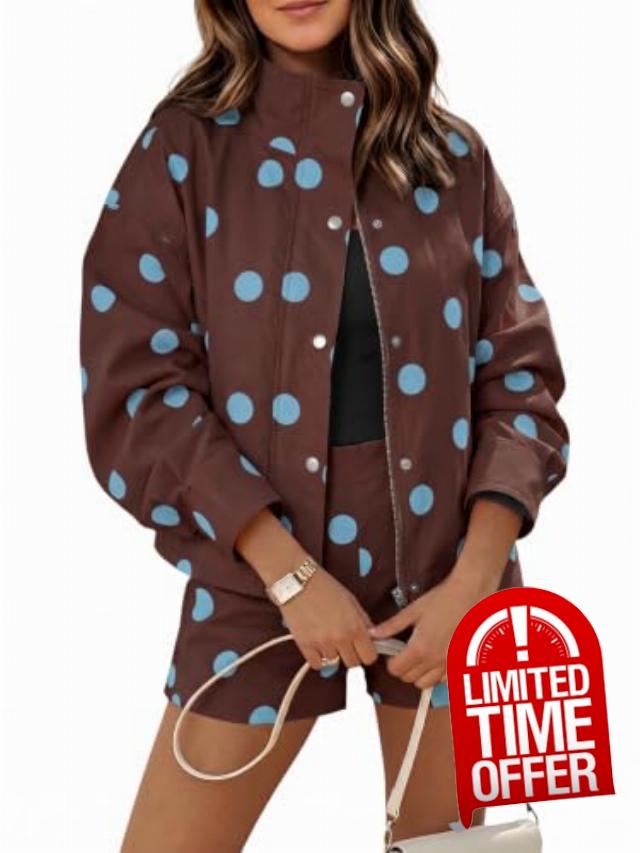 Tankaneo Womens 2 Piece Outfit Polka Dot Shorts Matching Set Cropped Jacket                                                          Going Out