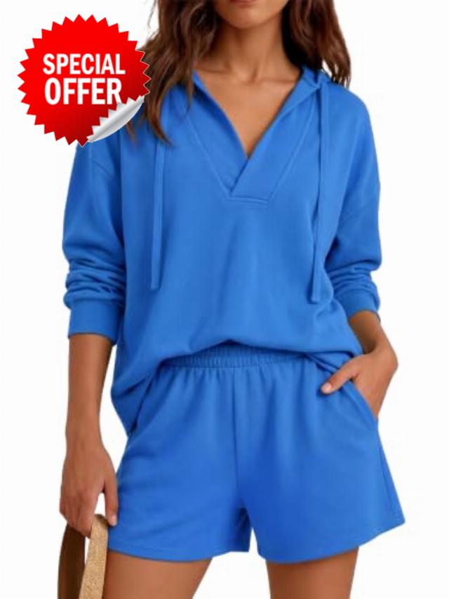 Fisoew Womens 2 Piece Lounge Matching Sets Hoodies and Shorts Sweatsuits                                                          Long Sleeve