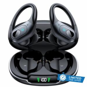 occiam Active Noise Cancelling Earbuds Wireless Bluetooth Headphones | Ear Buds 90Hrs Playback Stereo Bass Earphones with Mic Over-Ear Hooks IPX7 Waterproof Headset for Sports Running Matte Black