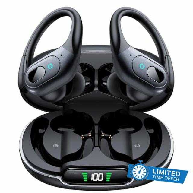 occiam Active Noise Cancelling Earbuds Wireless Bluetooth Headphones | Ear Buds 90Hrs Playback Stereo Bass Earphones with Mic Over-Ear Hooks IPX7 Waterproof Headset for Sports Running Matte Black