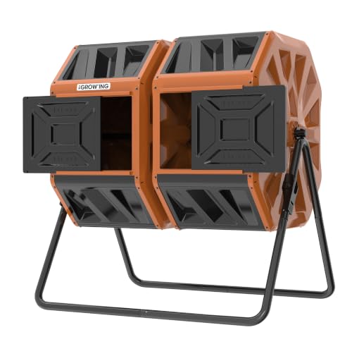 Orange Heavy duty dual 26.5gal sections for bulk yard waste. Reinforced frame adds stability. Easy bolt assembly without washers.