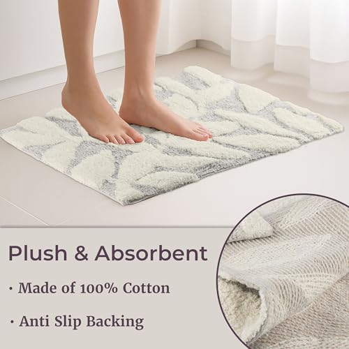 35”x22”/25”x18” | 100% Cotton Bath Mats with Textured Botanical Leaf Print for Boho Bathroom Decor - Bath Rugs Non Slip Washable Bathmats