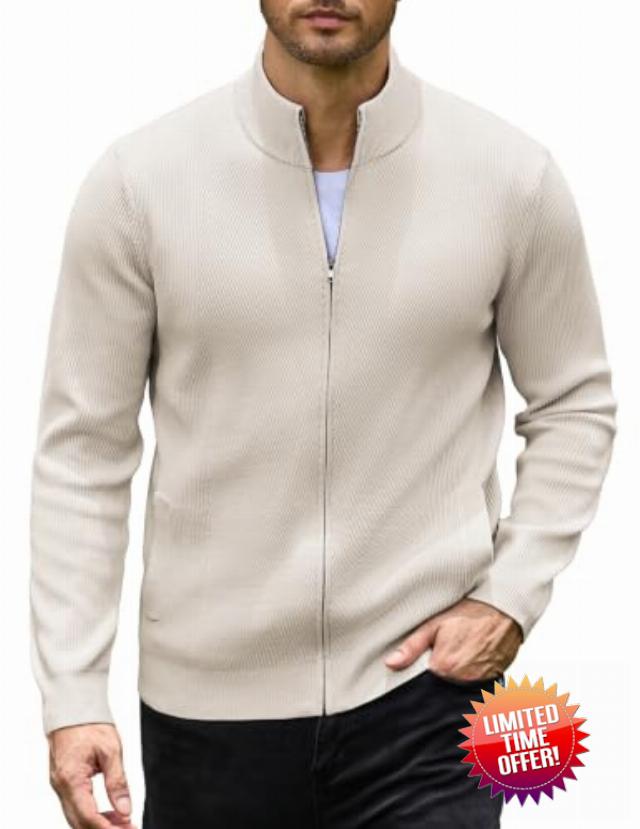 COOFANDY Mens Zip up Sweater Casual Knitted Cardigan Sweater Stand Collar                                                          Textured Knitted