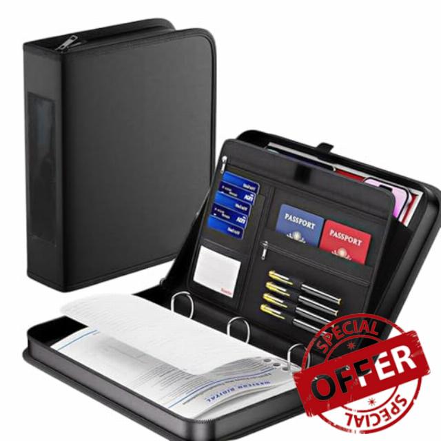 GarveeLife Fireproof & Moisture Resistant A4 3-Hole D-Ring Binder Folder - Durable Hard Writing Board - Secure Document Organizer for Office Exam Papers - Portable File Holder - Black