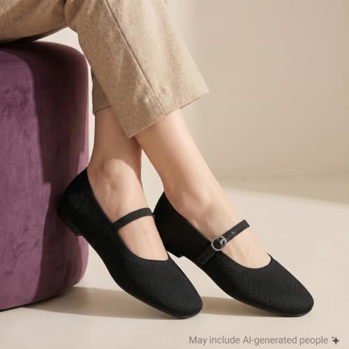 Mary Jane Ballet Square Toe Knit Ankle Strap Shoes Memory Foam