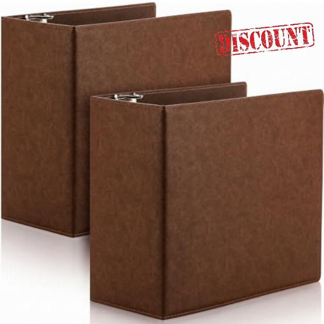 Sinload 2 Pcs Premium Leather 5 Inch D Ring Binder Brown 3 Ring Binder                                                          Interior Double Pockets