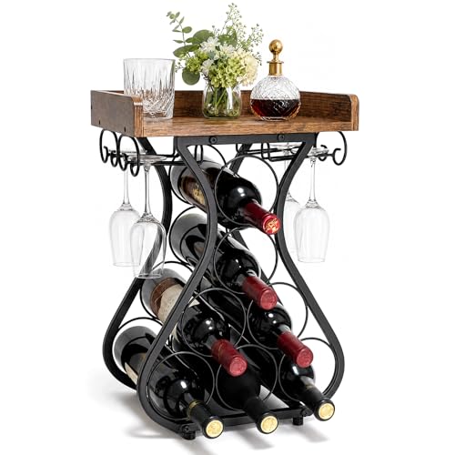 Metal Wine Racks Countertop with Glass Holder Wood Tabletop