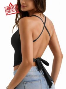 YEOREO Ease Tie Back Workouts Tank Tops Halter Backless Strap Top with Pads                                                          Deep V Summer Shirt for Yoga Pilates