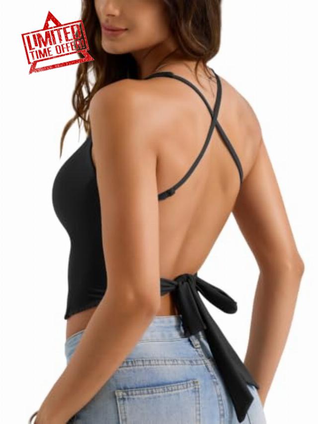 YEOREO Ease Tie Back Workouts Tank Tops Halter Backless Strap Top with Pads                                                          Deep V Summer Shirt for Yoga Pilates