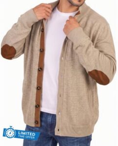 JMIERR Men's Stand Collar Knit Button Front Cardigan Sweater                                                          Suede Elbow Patches