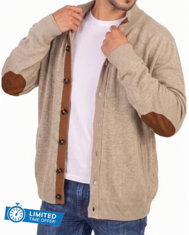 JMIERR Men's Stand Collar Knit Button Front Cardigan Sweater                                                          Suede Elbow Patches