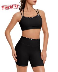 OMKAGI Workout Sets for Women Cute Doubel Layer Open Back Sports Bras Gym Shorts Outfits