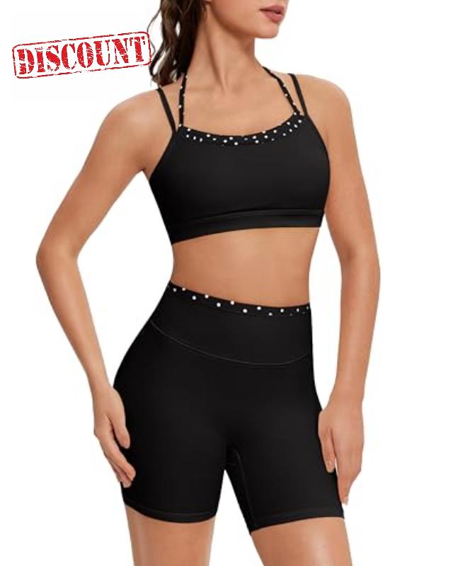 OMKAGI Workout Sets for Women Cute Doubel Layer Open Back Sports Bras Gym Shorts Outfits