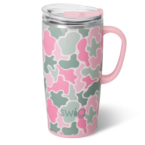 Blushing Camo | Triple Insulated Stainless Steel - Handle & Lid Included - Keeps Coffee Hot or Cold - Cup Holder Friendly