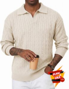 JMIERR Mens Wool Blend Pullover Sweater V Neck Cable Knit Open Collar                                                          Relaxed Fit