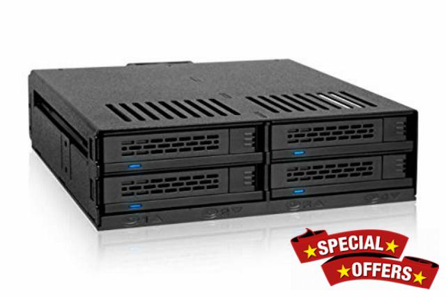 ICY DOCK ExpressCage MB324SP-1B 4 Bay 2.5” SATA/SAS HDD SSD Hot-Swap Mobile Rack Enclosure with Tool-Less SSD Mounting Tray for 5.25” Drive Bay (4 x SATA 7pin)